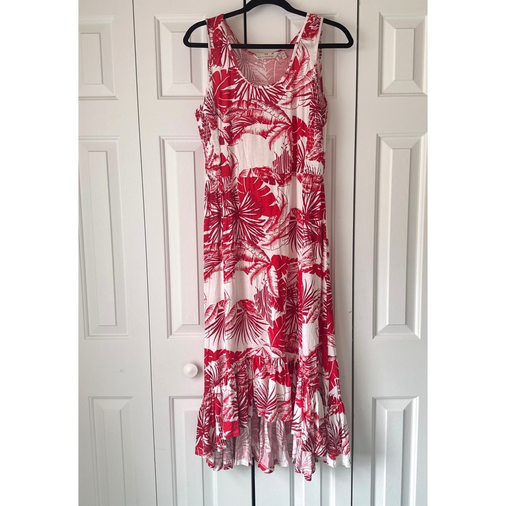 Soft Surroundings Red White Tropical Palm Maxi Dress High Low Ruffle PM 3EK27